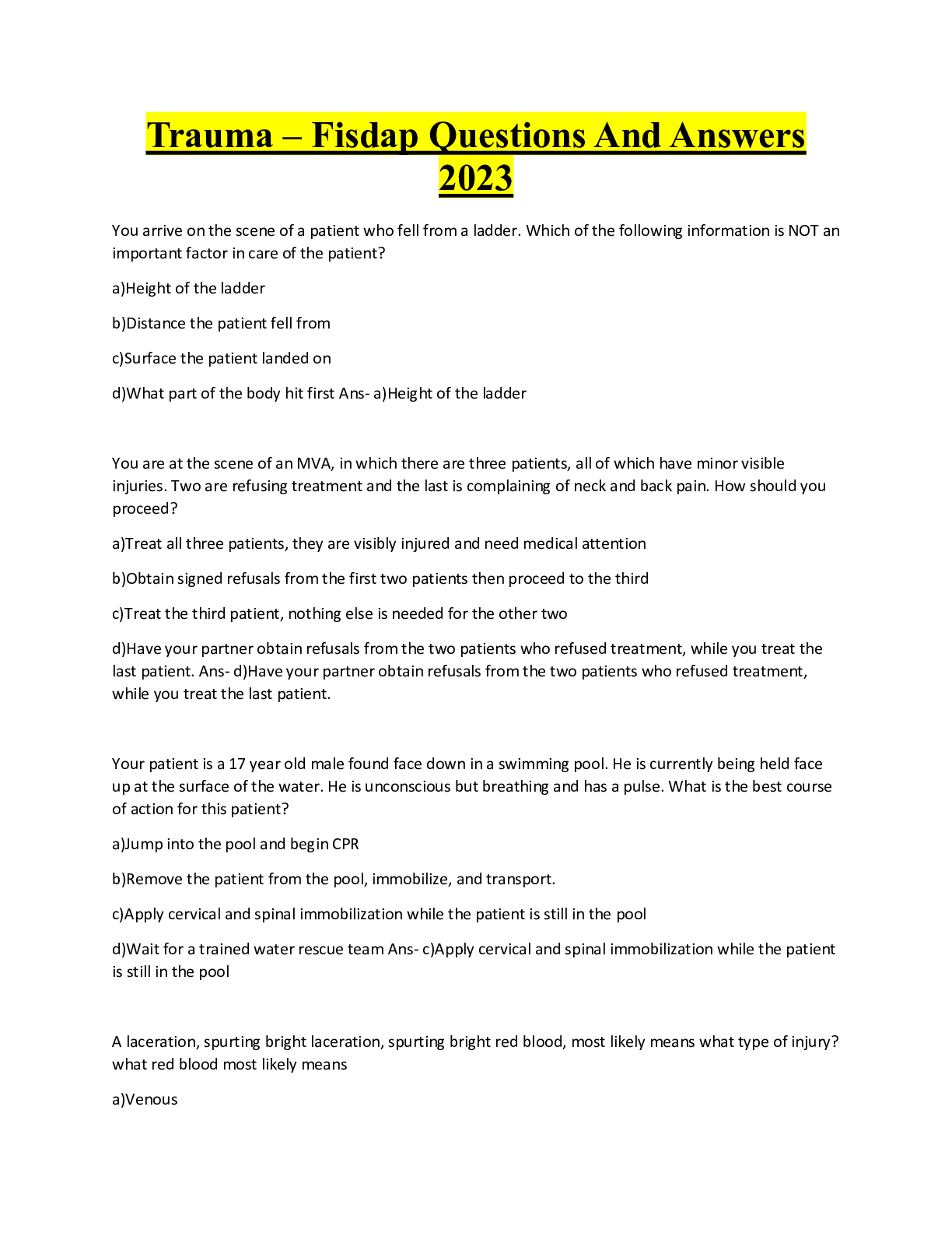 Preview image for Trauma – Fisdap Questions And Answers  2023